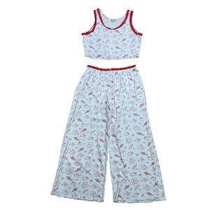 Messy Bun Just Chillin Pajama Set Pointelle Rosette Wide Leg Large